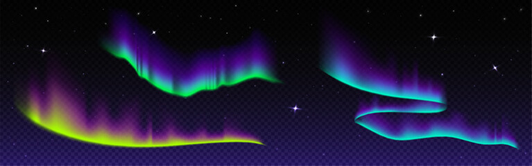 Aurora borealis and stars in night sky. Vector realistic illustration of polar light effects with green, yellow and blue color gradient, starlight sparkling in darkness, north pole natural phenomenon - obrazy, fototapety, plakaty