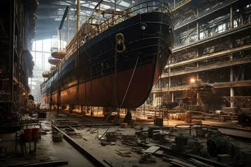 Fotobehang Traditional shipbuilding yard with ongoing production. Generative AI © Aeris