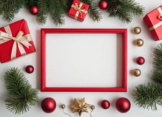Fototapeta na wymiar Christmas composition. Frame of Christmas gifts, pine branches, toys background. Flat layout, top view