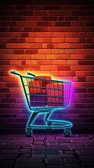 Neon shopping cart trolley on brickwall in Cyber monday sale concept