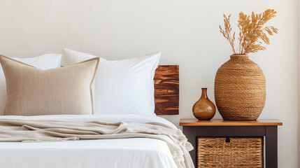 In a naturally themed bedroom interior there are white background - obrazy, fototapety, plakaty