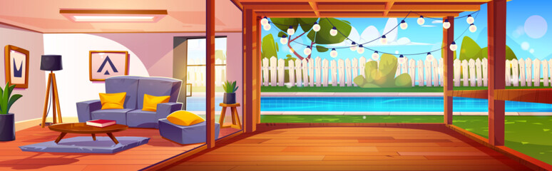 Poolside in backyard with wooden patio and fence, and living room interior with sofa. Cartoon vector countryside house scene with terrace for relax, swimming pool in courtyard and lounge area.