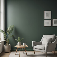 Interior of modern living room with green wall, armchair and coffee table. 3d render.
