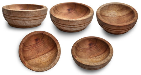 Set collection of wooden textured mortar bowl plate , cut out isolated