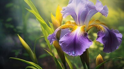 An iris in full bloom, its colors shifting from deep purple to soft yellow. - Powered by Adobe