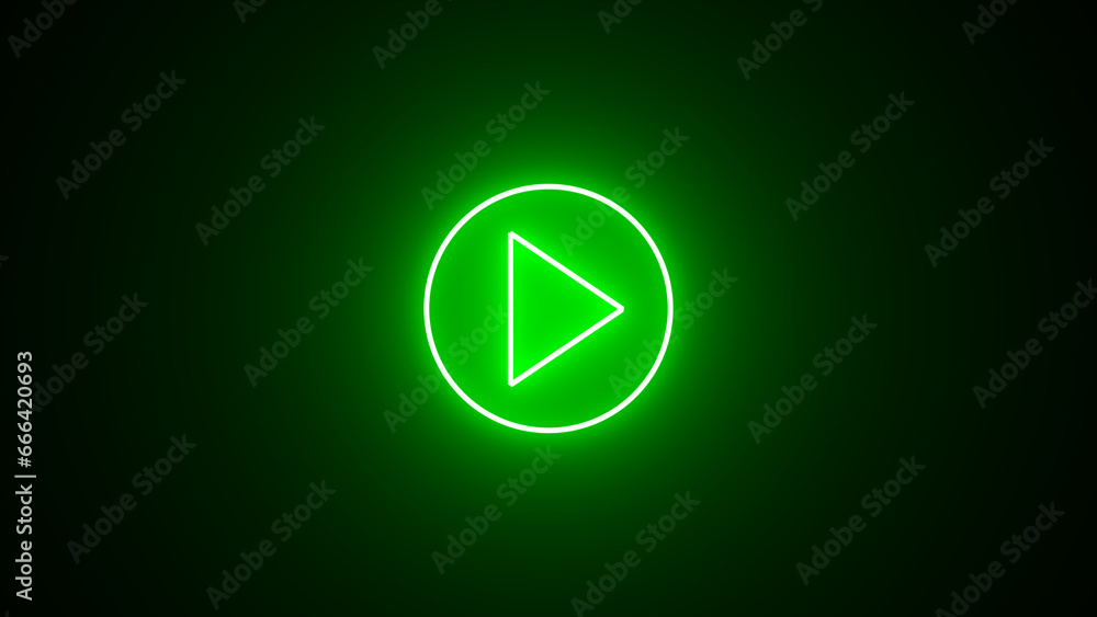 Poster green color play button on black background. start button. neon glowing play button. neon glowing pl