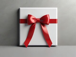 White gift box with red bow on gray background. 3d render.