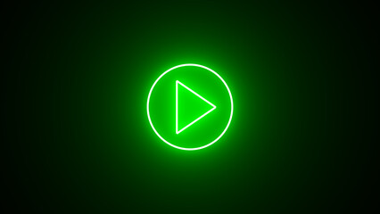 green color play button on black background. Start button. Neon glowing play button. Neon glowing...