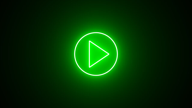 green color play button on black background. Start button. Neon glowing play button. Neon glowing play button with neon circle.