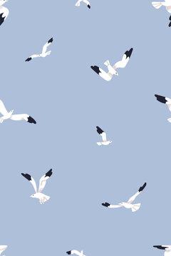 Seagulls, seamless pattern. Flying birds, endless background design, repeating print. Sea gulls fly, soar in blue sky. Printable flat vector illustration for textile, fabric, wallpaper, wrapping