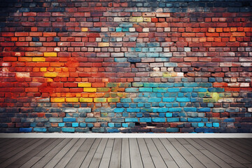 illustration of a room interior old brick rainbow colored wall and wooden floor. Created with Generative AI