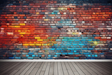 Fototapeta premium illustration of a room interior old brick rainbow colored wall and wooden floor. Created with Generative AI