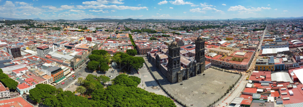 stunning Puebla downtown at day time with drone, Mexico landscape aerial 2024