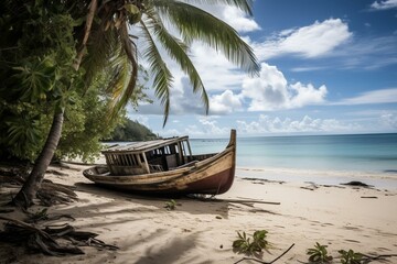 Fototapeta na wymiar Abandoned boat on sandy shore with palm tree and stunning ocean scenery. Generative AI