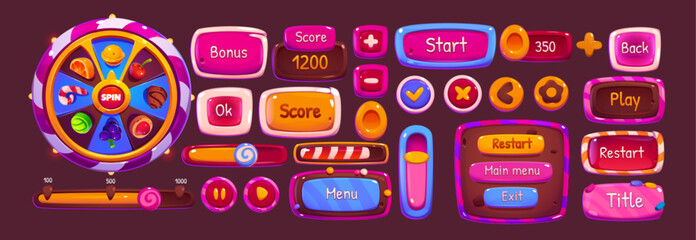 Pink candy ui game fortune wheel and button set. Cute casino interface icon design with arrow, level score, roulette and prize isolated on background. Slider bar and circle app glossy menu element © klyaksun