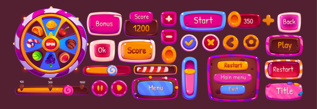 Pink candy ui game fortune wheel and button set. Cute casino interface icon design with arrow, level score, roulette and prize isolated on background. Slider bar and circle app glossy menu element