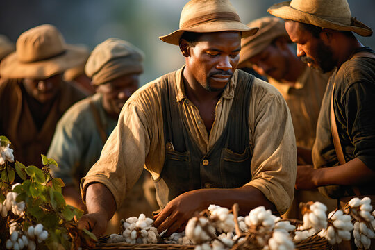 African slaves picking cotton on a plantation in the 19th century
