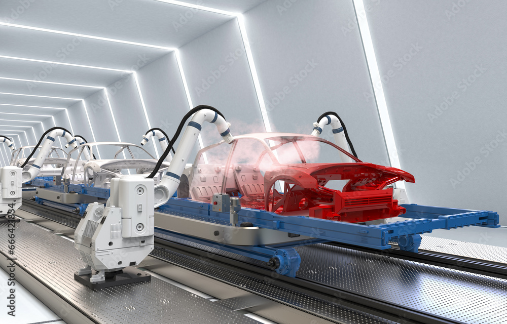 Poster automation automobile factory with robot assembly line manufacture ev car