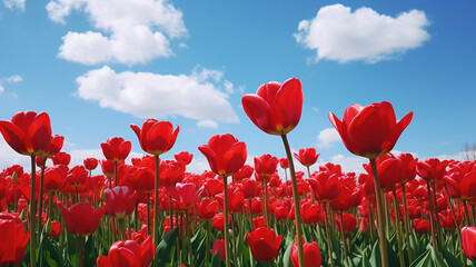 Obraz premium illustration of field of red tulips and sky. Created with Generative AI