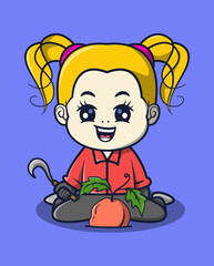 vector illustration of a female farmer sitting holding a sickle with potato plants around. profession icon concept