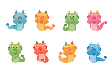 8 cute Chinese dragon characters or mascots or cartoon characters, playful and cute, vector set