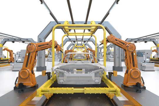 Automation automobile factory with robot assembly line manufacture ev car