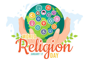 World Religion Day Vector Illustration on 17 January with Symbol Icons of Different Religions for Poster or Banner in Flat Cartoon Background