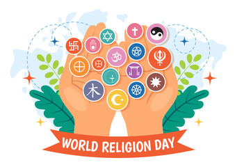 World Religion Day Vector Illustration on 17 January with Symbol Icons of Different Religions for Poster or Banner in Flat Cartoon Background