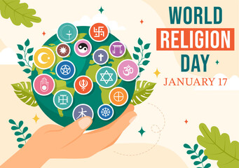 World Religion Day Vector Illustration on 17 January with Symbol Icons of Different Religions for Poster or Banner in Flat Cartoon Background