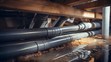 Insulated water pipes in the crawl space of a house - obrazy, fototapety, plakaty