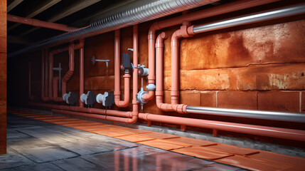 Insulated water pipes in the crawl space of a house - obrazy, fototapety, plakaty