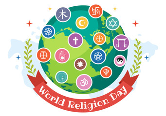 World Religion Day Vector Illustration on 17 January with Symbol Icons of Different Religions for Poster or Banner in Flat Cartoon Background