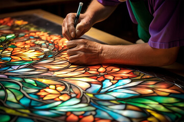 Various stages of working with stained glass. Master's hands make stained glass, stained glass making, Heritage Craft - obrazy, fototapety, plakaty