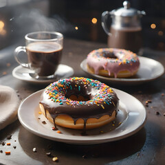 Food photo of donuts with chocolate crema with various colored toppings and a cup of warm coffee. Generative AI.