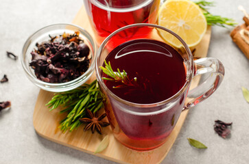 Herbal Tea, Red Tea in Glass Mugs, Autumn or Winter Drink