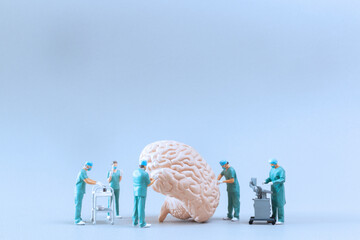 Miniature Doctor checking and analysis brain model ,Science and medicine concept