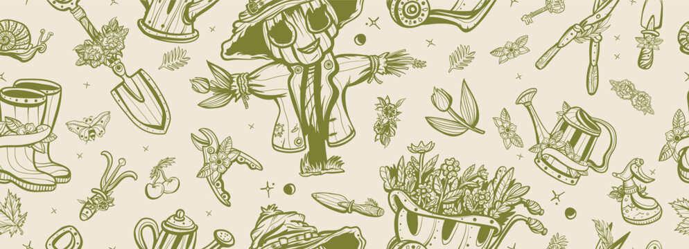 Garden elements seamless pattern. Old school tattoo style. Scarecrow, watering can, garden cart, boots, shovel, secateur. Equipment. Traditional tattooing background