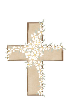 Orthodox cross in flowers illustration without background. for stickers, cards, posters, interior printing.