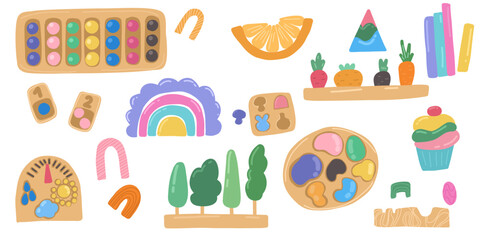 Obraz premium Handmade children's toys for Montessori games. Montessori system for early childhood development. Educational wooden toys