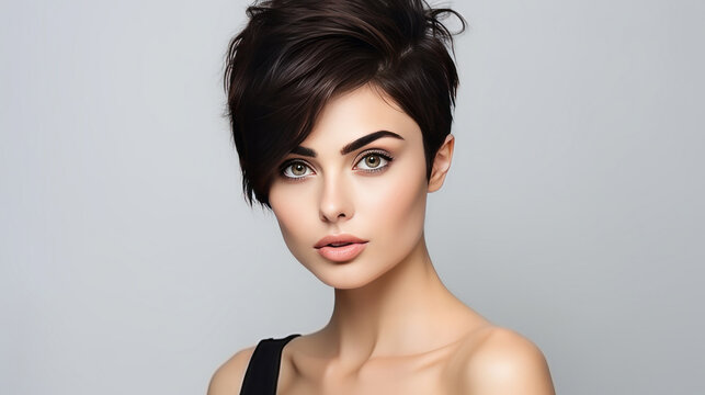 Portrait of young woman with short dark pixie haircut. Hair care, make-up and hair health