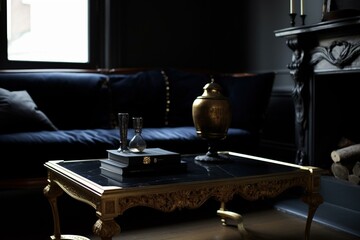 sophisticated dark couch and gilded table. Generative AI