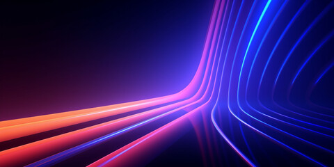 Neon dark stage shows empty room: neon light, spotlights, dark blue, purple, pink background - dance floor for product display in studio, backdrop for photo shooting. Generative AI.