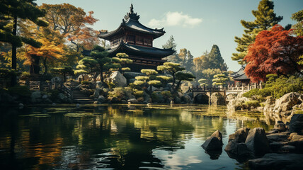 Japanese style castle and nature with beautiful trees, rivers, mountains.