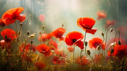 Bright red poppies in a wild meadow, dancing in the wind.