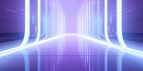Neon glowing stage, empty room, futuristic metaverse world: neon lights, spotlights, abstract background - dance floor for product display in studio, backdrop for photo shooting. Generative AI.