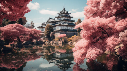 Japanese style castle and nature with beautiful trees, rivers, mountains. With cherry blossoms in full bloom