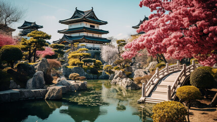 Ancient castle, Japanese style and nature with beautiful trees, rivers, mountains. With cherry blossoms in full bloom - obrazy, fototapety, plakaty