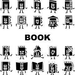 book character school icons set vector. study education, library, children, poster literature, girl notebook, student book character school glyph pictogram Illustrations