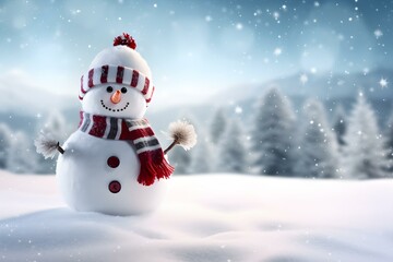 Panoramic View of Happy Snowman in Winter Secenery With Copy Space