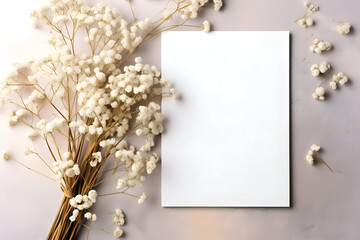 Invitation or greeting card mockup. Blank white card and flowers gypsophila on neutral background